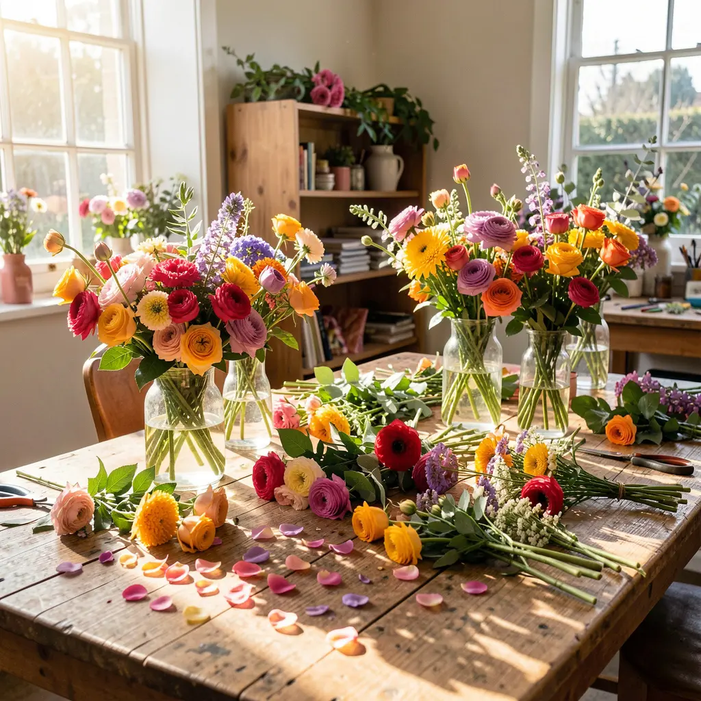 Floristry workshop in Auckland with colourful fresh flowers on a wooden table