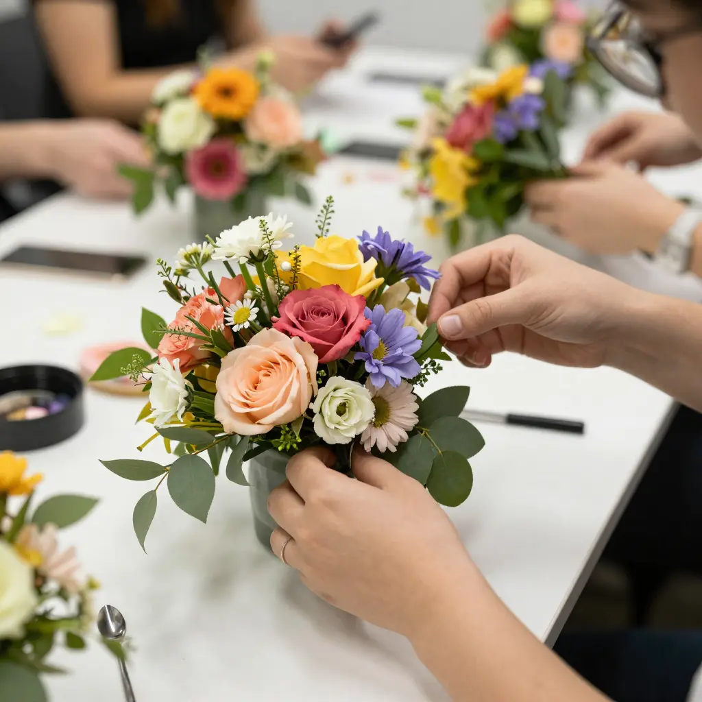 Hands arranging a colourful floral bouquet during a styling workshop